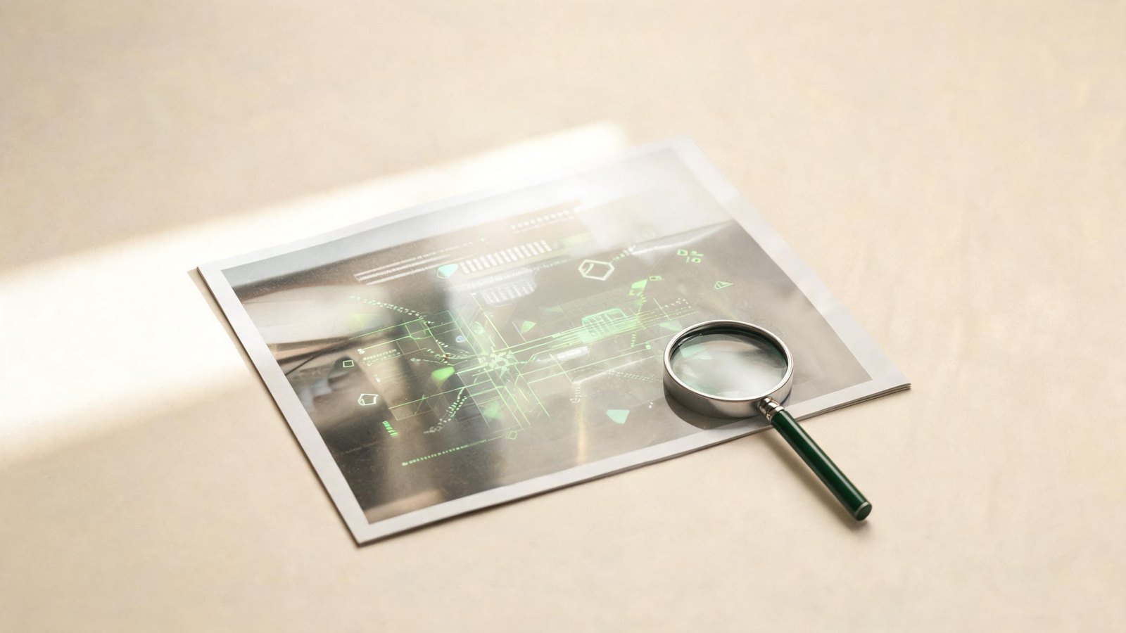 A photographic print on a cream surface revealing faint hidden green data patterns under a magnifier