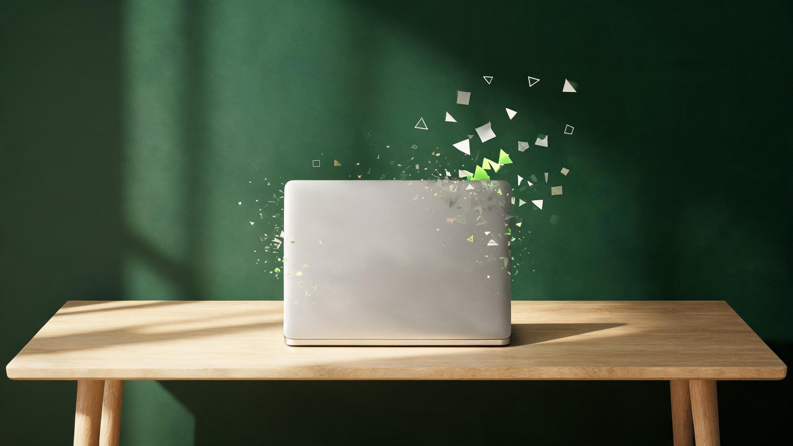A laptop on a wooden desk against a deep green wall, with digital residue dissolving and drifting away from it