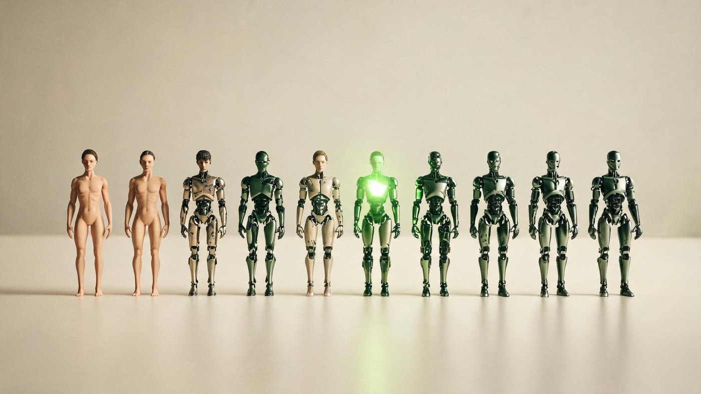 A row of small figurines transitioning from a human form to a robotic one, one marked in green
