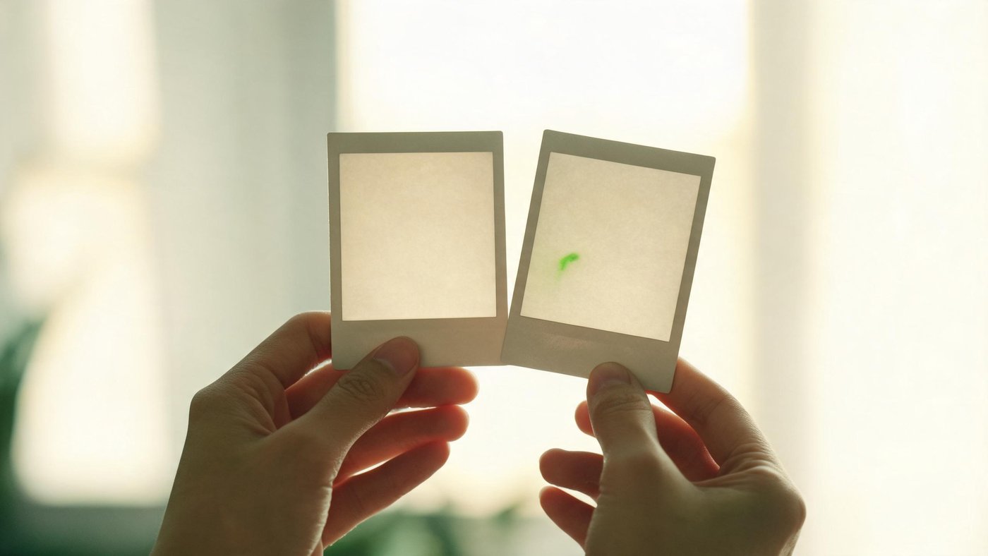 Two hands holding two nearly identical photo prints up to soft light, comparing them to spot the difference