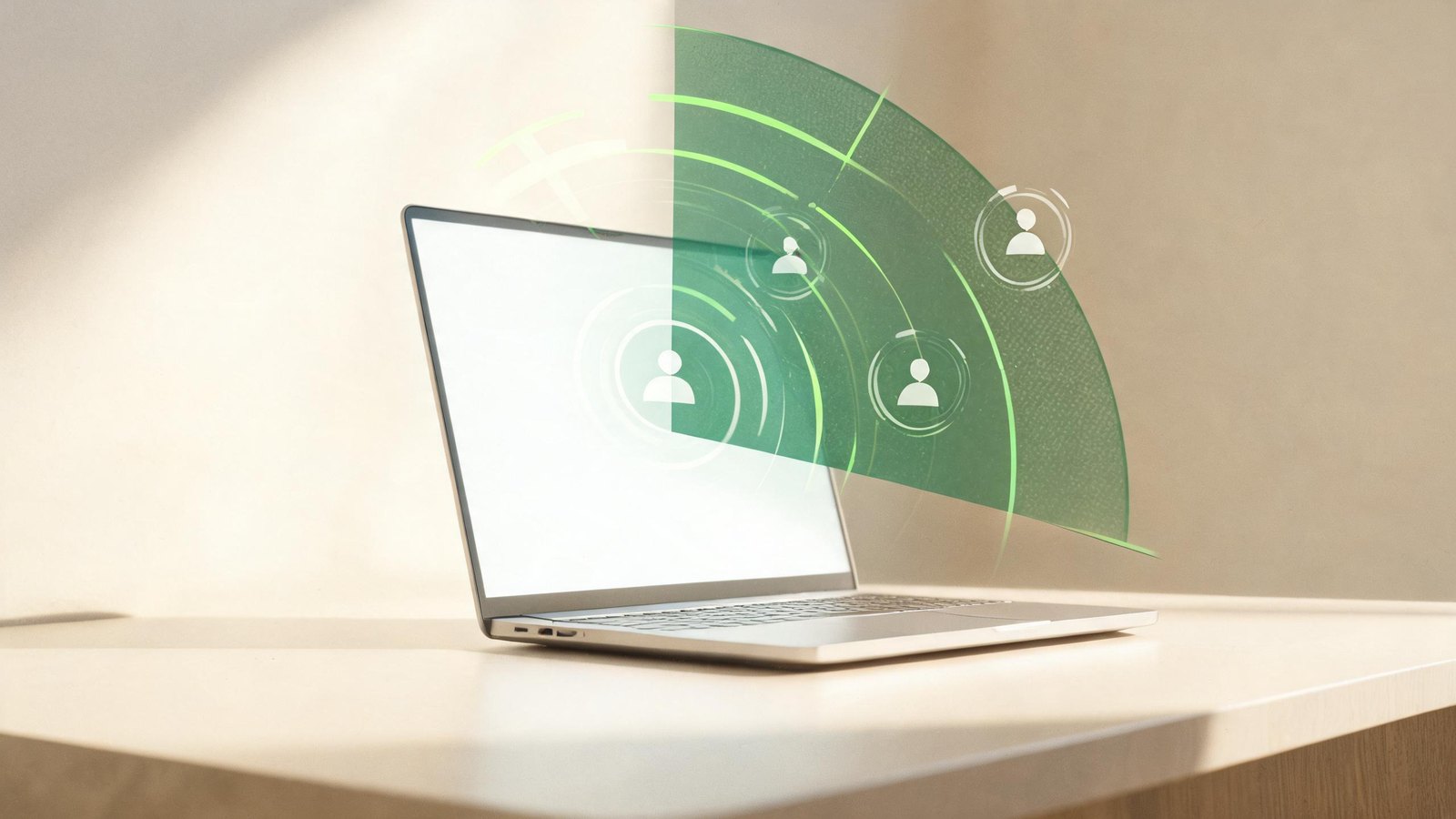 A laptop with a soft green radar scan sweep revealing hidden AI-agent icons